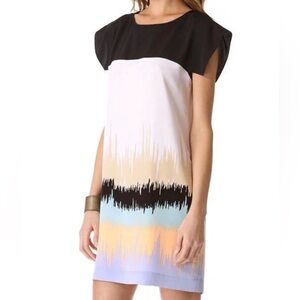 Tibi Silk Shift Dress 10 Black Cream Abstract Print Cap Sleeve Mini
